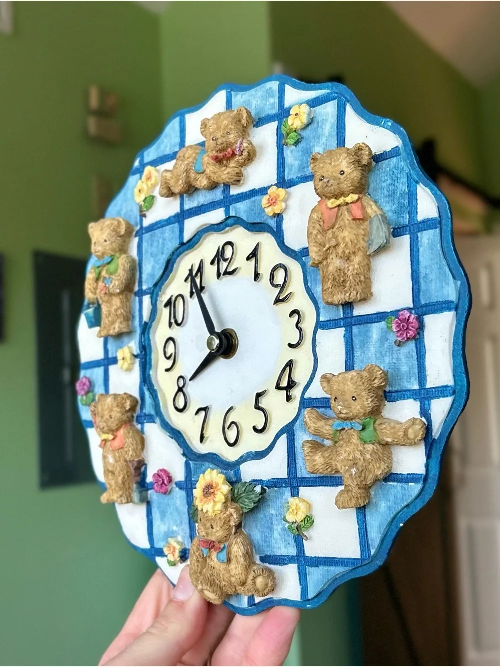Vintage Charming Teddy Bear + Floral Blue Checkered Circle Wall Clock
